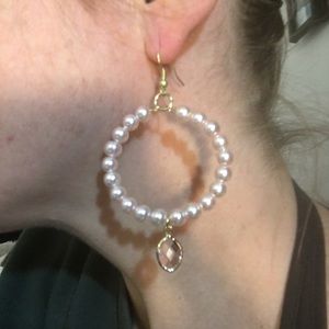 Handmade pink glass pearl dangle hoop earrings